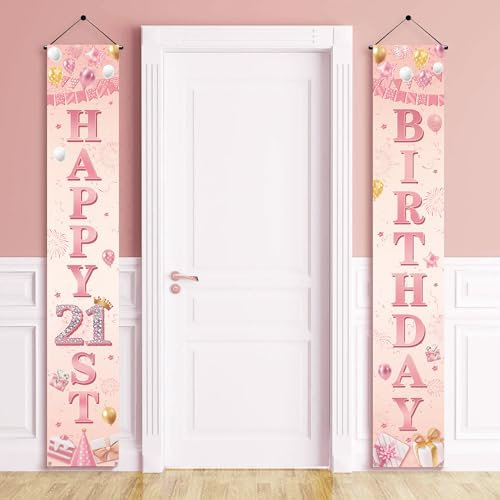 21st Birthday Decorations Banner for Her - Happy 21st Birthday Party Door Porch Sign, Rose Gold Door Banners for Twenty-one Years Old Party Decoration Supplies