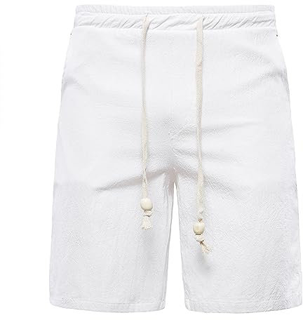 Lässige Herren-Shorts, Baumwoll-Leinen-Shorts, bequeme Caprihose mit Kordelzug, Sommer, Strand, Sport-Shorts, Jogginghose, entspannte Passform, Sportbekleidung, weiß, M