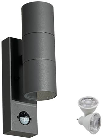 JNR Edelstahl LED Außenlampe mit Verstellbar PIR Bewegungsmelder Dämmerungsschalter, IP54 Wasserdichte Up Down 230V Aussenlampe inkl.2x5W GU10 3000K Warmweiß Glühbirne Wandleuchte, Anthrazit Grau