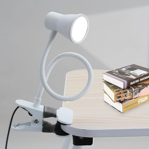GOEDCH 15.5×12×7.5cm Klemmleuchte: Leselampe Bett, Dimmbare Klemmlampe mit 29 LEDs & Schwanenhals-Design, 10 Dimmstufen, 3 Farbtemperaturen, USB-Betrieb für Büro, Nachttisch und Handarbeit(Weiß)