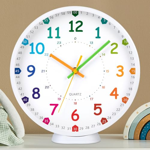 VIVILINEN Lernuhr Kinder Wanduhr Kinderzimmer Lautlos 25cm ohne Ticken | Wanduhr ohne Tickgeräusche mit Minutenanzeige für Schulanfänger, Jungen und Mädchen, Einschulung Geschenk, Weiß