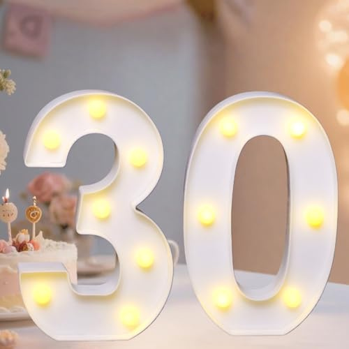 LED Zahlen Lampe 30, Beleuchtete Ziffern mit 15 LEDs, Warmweiß Batteriebetrieben Leuchtzahlen für Birthday Deko Hochzeit Party & Tisch- oder Wanddekoration(Batterien nicht enthalten)