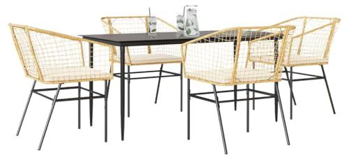 Yunovire 5-TLG. Garten-Essgruppe, Braun Poly Rattan mit Glasplatte, 160x80cm Tisch, für Außenbereich, Terrasse, Balkon, wetterfest