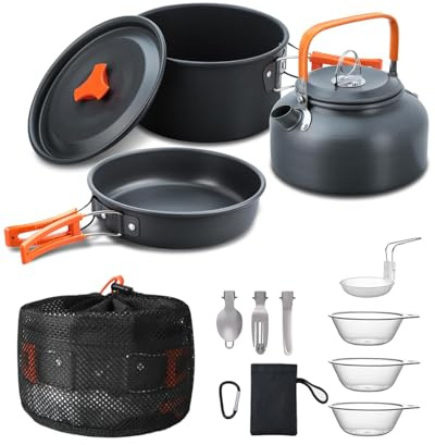 ROJUDAR Camping Cookware Kit, Portable 1-2 People Camping Cooking Set, Lightweight Non-Stick Camping Pot and Pan Set with Spoon Fork Cutter for Outdoor Travel Camping Hiking Picnic BBQ
