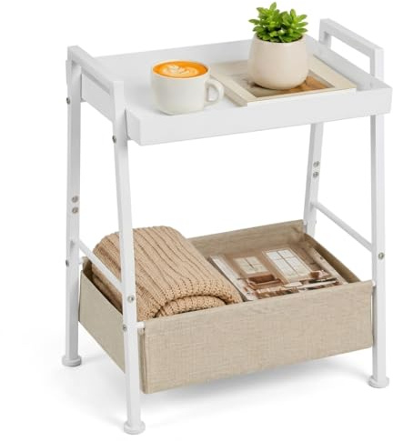 ZEXVIDA Small End Table with Fabric Storage Basket, 2-Tier Modern Metal Side Table with Tray Top, Vintage Small Bedside Nightstand,Coffee Table for Living Room,Bedroom,Nursery,Dorm,White