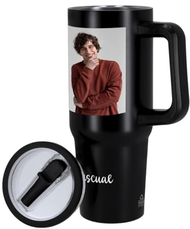 DEREGALOOS Taza Térmica Personalizada a Color. Vaso de Acero Inoxidable Reciclado con Asa Ergonómica y Tapa Hermética. Capacidad 870 ml. Ideal para Oficina Viajes (Negro)
