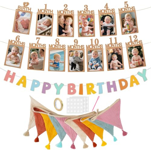 Wimpelkette Kinderzimmer, Foto Banner 1 Geburtstag, Happy Birthday Girlande | Geburtstagsdeko, Wimpelkette Stoff, Fotogirlande, Girlande Geburtstag Filz, für Hausbett Babyzimmer, für Mädchen Jungen Party