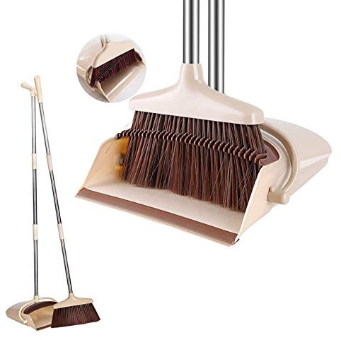 Cozywind Juego de escoba y recogedor de 130 cm, juego combinado de recogedor y cepillo con mango largo, juego de barrido vertical resistente al viento para interiores, cocina, hogar, vestíbulo, garge,