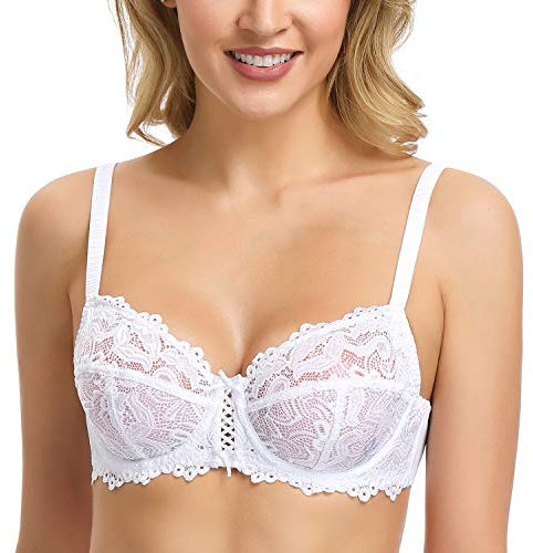 WingsLove Women's Floral Lace Bra Underwire Non Padded Soft Cup Full Coverage White 42C
