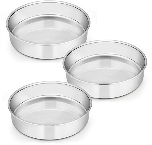E-far 8 Inch Cake Pan Set of 3, Stainless Steel Round Layer Cake Baking Pans, Non-Toxic & Healthy, Mirror Finish & Dishwasher Safe