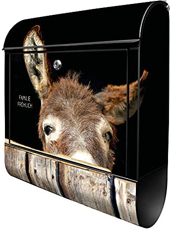 banjado® Design Briefkasten personalisiert Esel 38,5x46,5x13cm & 2 Schlüssel - Briefkasten Stahl schwarz Zeitungsfach pulverbeschichtet - Postkasten A4 Einwurf inkl. Montagematerial