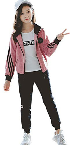 YFPICO Mädchen Trainingsanzug Sportanzug Jogginganzug 3 Teilig Einfarbig Freizeitanzug Kapuzenpullover Sport Jogging Anzug Reißverschluss, Rosa(3 Stücke), 134/140