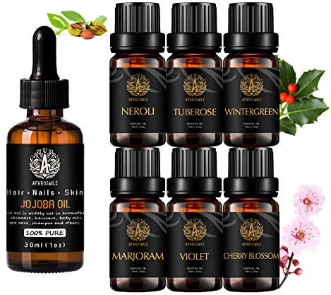 Aromathérapie Fleur de cerisier Huile Essentielle Set pour diffuseur, 100% Pure Jojoba Huile essentielle, 7x10ml 100% Pure Tubéreuse Huiles Set-Néroli,Wintergreen,Violet,marjolaine Huiles pour massage