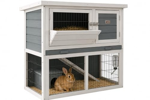 Bunny Business 2-Tier Double Decker Rabbit/Guinea Pig Hutch with Sliding Tray & Hay Rack (Grey)