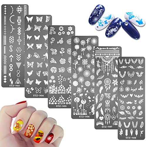 MWOOT 6 Stücke Gemischt Nagel Kunst Stempelplatte,Nail Art Stamping Templates Set, Nagel Stamping Schablonen Maniküre Tool mit Schmetterling, Blume, Feder, Löwenzahn