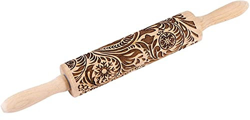 ASDNN Bonita Herramienta de Cocina, para Hornear Galletas en Relieve, Rodillo de amasar Grabado en Relieve con patrón de Flores de Copo de Nieve navideño, Rodillo de Madera en Relieve