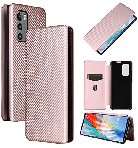 TiHen Compatible avec Coque LG Wing 5G, Mince Flip Fibre de Carbone [Test de Chute] Antichoc Stand Fente avec Carte, Protecteur d'écran en Verre Trempé*2-Or Rose