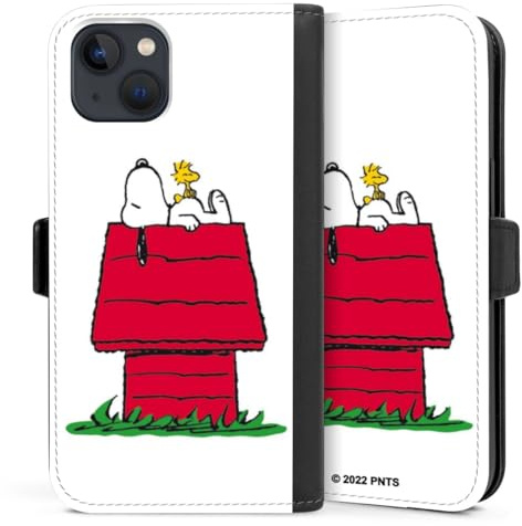 Klapphülle kompatibel mit Apple iPhone 13 Handyhülle aus Kunst Leder schwarz Flip Case Snoopy Offizielles Lizenzprodukt Peanuts