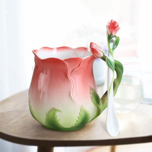POLAY Taza de café de cerámica esmaltada de Estilo Europeo, Tazas Creativas con Forma de Flor de Rosa, Tazas de Leche Pastoral de 4 Colores para Desayuno con Cuchara