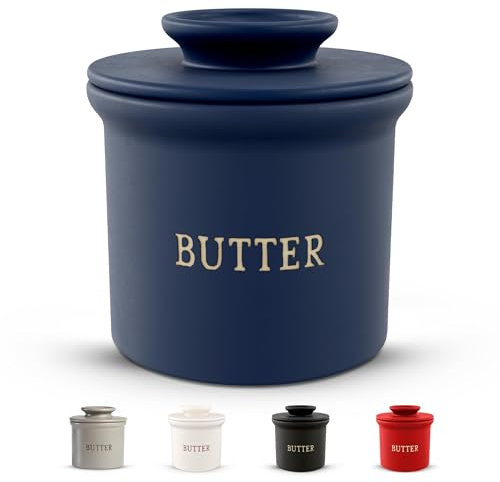 KooK Butter Keeper, Soft Spreadable Butter, Ceramic French Butter Dish to Leave On Counter with Water Line, Butter Keeper, Home and Kitchen Decor, Perfect for (Navy)