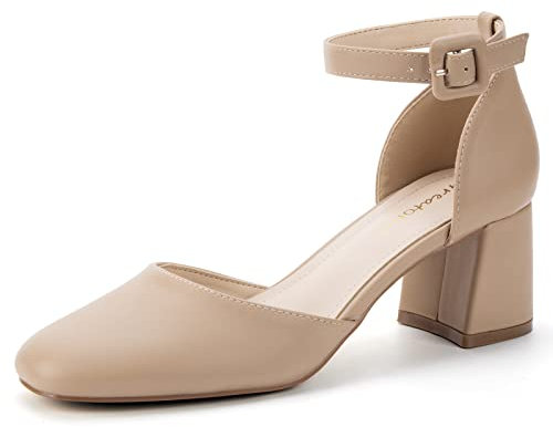 Greatonu Escarpins Bride Cheville Femme Escarpins Bloc Talons Pumps Femme Talon Haut avec Bout Fermé - Parfait pour Les Mariages et Les fêtes-EU 41-PU Nu