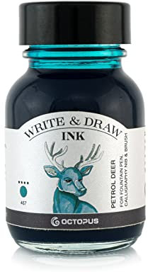 Octopus Write and Draw Ink 467 Petrol Deer, wasserfeste Tinte zum Schreiben und Zeichnen, Kalligraphie-Tinte, lichtechte Zeichentinte für Füllfederhalter, Glasstift, Pinsel, 50 ml