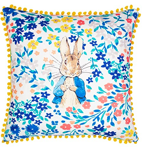 Peter Rabbit™ Florelli Feather Filled Cushion – Reversible 100% Slub Cotton Floral Motif Pom Pom Trim Pillow (Multicolour – 45x45cm)
