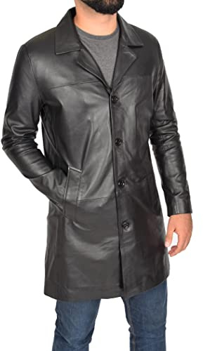 A1 FASHION GOODS Mens 3/4 Long Black Leather Blazer Style Jacket Classic Trench Overcoat Jones