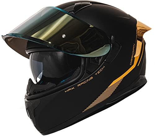 HAX Obsidian Vollvisierhelm mit doppeltem Visier, für Erwachsene, Motorradhelm für Motorrad, Straßenrad, mit Pinlock-Ready, DOT-genehmigt, Mattschwarz, Gold, S