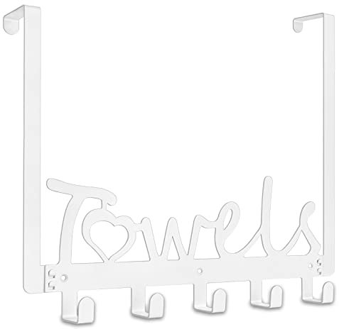 LLPJS Over The Door Towel Hooks, Metal Towel Racks, Heart Letter Towel Holder for Bathroom Door Hanger Hook Hanging Bath Towels, Head Towels, Robes Bathrobe Clothes, (White, Art Font 5 Hooks)