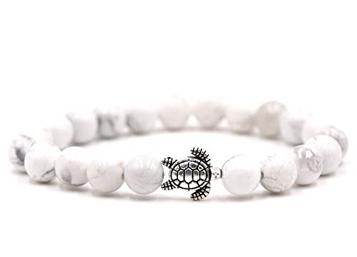 Banemi Beads Armband Damen, Damen Armband Weiss Legierung Elastische Runde Natursteinperlen Schildkröte Perlenarmbänder Edelstein Armband