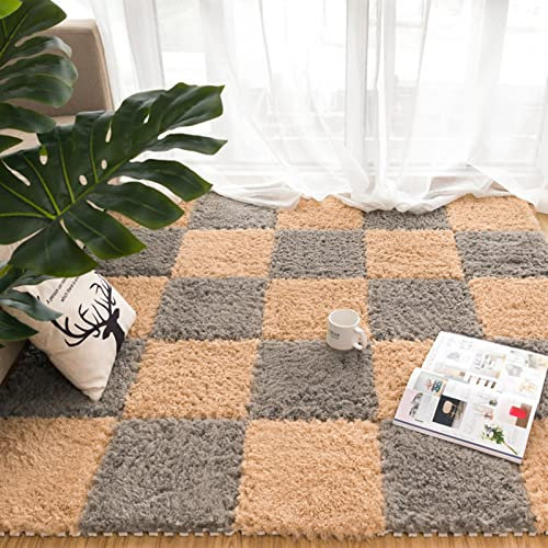 20 Stück Flauschige Ineinandergreifende Schaumstoffmatten-Bodensets,Plüsch-Puzzle-Schaumstoff-Bodenmatte,Flauschige Plüsch-Teppichfliesen für Wohnzimmer,Esszimmer(Color:Khaki+grau)