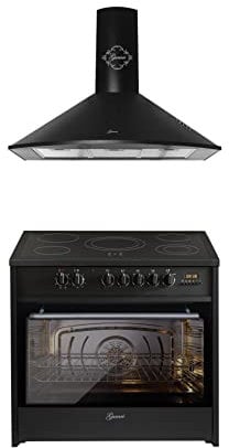 GURARI Herdset Elektro-Standherd GCH E 912 BL + 046 Dunstabzugshaube 90 cm in Schwarz, 1000m³/h, Kopffreihaube Schwarz Glas, Backofen Set 90 cm, 121 L