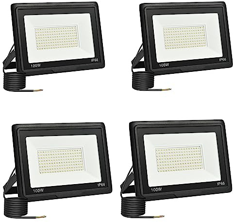Foco LED Exterior 100W, 10000LM 6000K Floodlight para Jardín Garaje,4PCS | Foco Proyector LED Blanco Frío,Iluminación de Seguridad,120°Haz, IP66 Impermeable Proyectores para Terraza,Taller,Pasillo