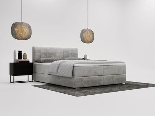 GRAINGOLD Forte Bett 160x200, Boxspringbett mit Bettkasten, Polsterbett mit Bonell-Matratze, Samt Stoff, mit Topper, mit Kopfteil (Hellgrau, 160x200)