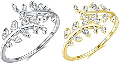 2 Pcs Argent Sterling 925 Réglable Bagues pour Femme et Fille Ouverte Zircone Cubique Anneau Feuilles d'Olivier Bagues Set Bague de Fiançailles Knuckle Rings Bijoux Cadeaux Dames