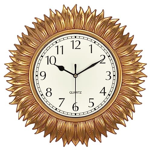 SkyNature Wanduhr Gold, 30cm Boho Sonnenblume Ohne Tickgeräusche Wanduhr, Lautlos Batteriebetriebene Kleine Analog Wanduhr, Dekor Analog Wanduhr für Wohnzimmer, Küche, Schlafzimmer, Büro