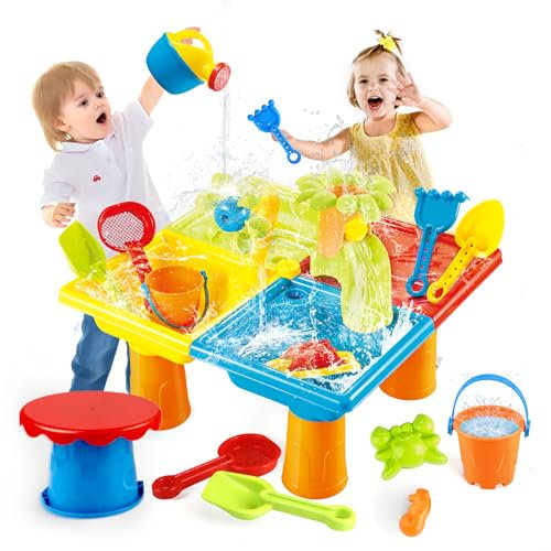 Wasserspieltisch für Kinder, 3-in-1 Sand und Wassertisch für Outdoor Aktivität Sommer, Wasser Spieltisch für Strand Garten Hinterh, Matschtisch Strandtisch für Kinder Mädchen Junge 3 4 5 6 7 Jah