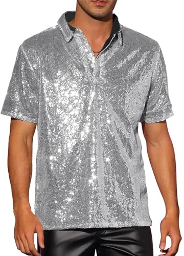 Acrawnni Men Sparkle Sequins Shirt Vintage Summer 1/4 Sparkle Button Short Sleeve Disco Tops 70s Party Club Novelty Shiny Shirt Rave Tops (A-Silver, M)