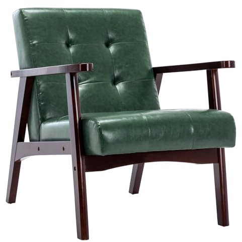 Matomn Sessel Wohnzimmer Retro Sessel Polsterstuhl Loungesessel mit Armlehnen Retro Holzsessel mittelalterlicher Holzrahmen Design Stuhl aus PU Leder für Schlafzimmer Empfangsraum Café Grün