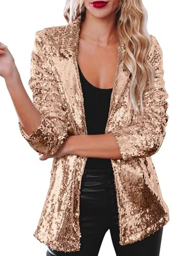 EFOFEI Donna Cardigan Casual Party Sequin Shiny Lightweight Jackets Open Front Blazer Jacket Oro Rosa L