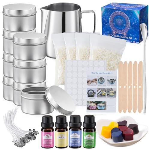 EnMart Kerzenherstellungsset, DIY Candle Set mit Kerzendosen, Sojawachs, Duftöl, Kerzenherstellung Topf, Farbstoff, Dochte, Edelstahl Rührlöffel, für Erwachsene, nicht zusammenklappbar