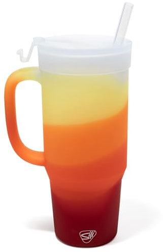 Silipint Trinkbecher aus Silikon mit Griff, Klappdeckel und Strohhalm, BPA-frei, ungiftig, unzerbrechlich, für Gefrierschrank, Mikrowelle, spülmaschinenfest, perfekt für Tee, kaltes Wasser, Smoothies