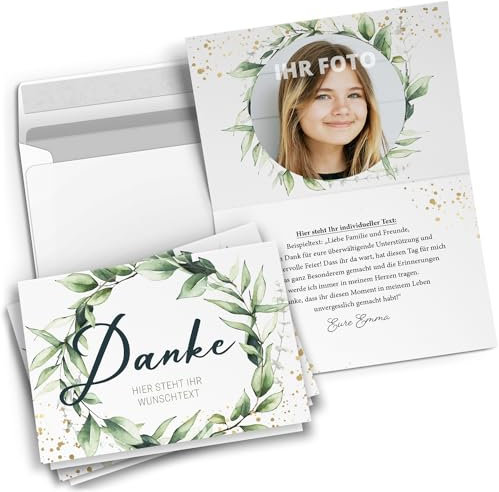 Einladungskarten Manufaktur Hamburg 10 PERSONALISIERTE Dankeskarten mit Umschlag - mit eigenem Text und eigenem Foto Danke Eukalyptus Gold Look