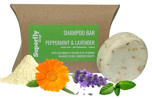 Solid Shampoo Bars for Hair UK Made - Peppermint & Lavender Scented Shampoo Bar for Greasy Hair. SLS and Soap Free. 99% natural. Plastic free and vegan friendly. Handmade Eco Shampoo Bar.
