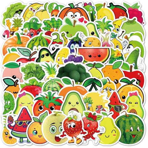 60Stück Obst Gemüse Aufkleber für Stoßstange,Motorrad,Fahrrad,Gepäck,Kühlschrank,Laptop,Vinyl Food Wasserdicht Aufkleber,Kinder Mädchen Erwachsene Geschenk,Ästhetische Niedliche Graffiti Sticker