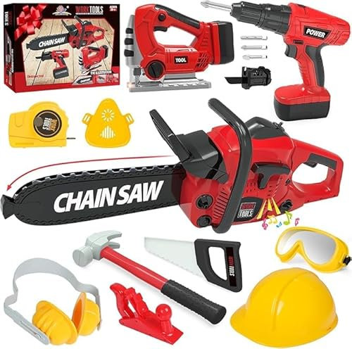 ANYCESO Toy Tool Set for Kids, Toddler Construction Toys with Drill, Chainsaw, Helmet, 3+ Years (RED)