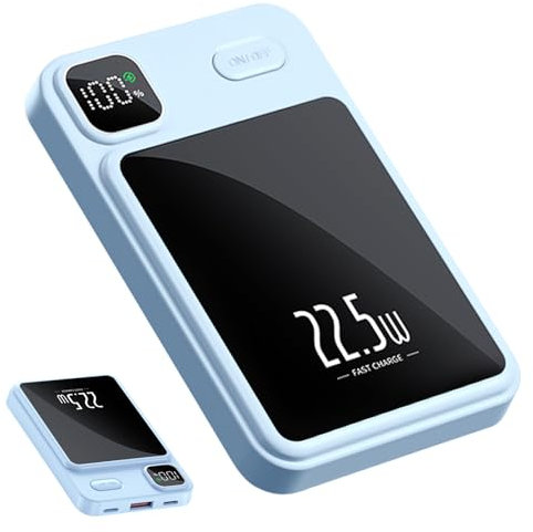 Power Bank 10000mAh, Batteria Esterna 22,5W Ricarica Rapida Caricabatteria Portatile PD3.0 QC4.0 con Display Digitale LED e 3 Porte, Per Smartphone Tablets (Blu)