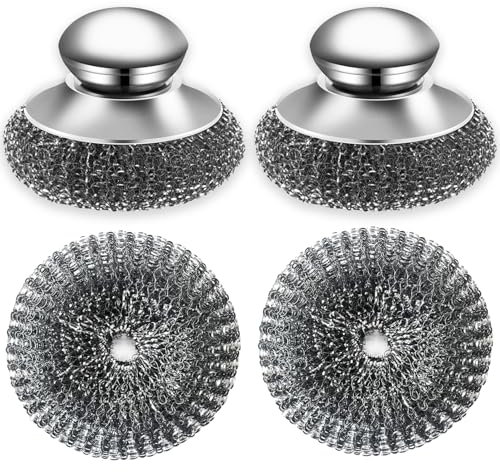 2Pack Stainless Steel Wool Scrubber with Handle, Dish Scrubbers with 2 Pcs Replacement Scrubbing Scouring Pad, Cleaning Brush for Heavy Duty Pots, Pans, Grills, Sink