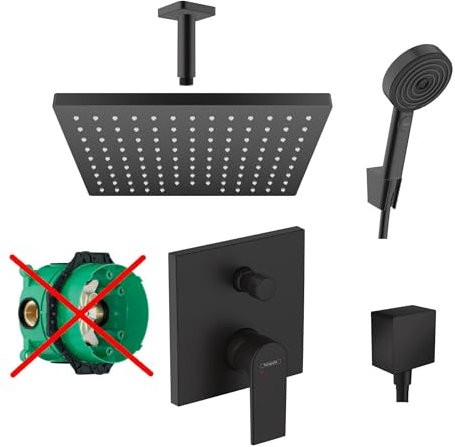Hansgrohe Duschsystem mit Unterputz Duscharmatur von Hansgrohe Regendusche mit Armatur, Duschkopf eckig, Deckenarm Dusch-SET HGSK02-ob schwarz matt